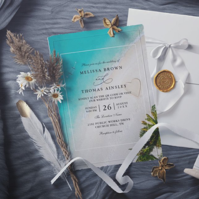 Tropical Beach Monogram Modern QR Code Wedding Einladung (Von Creator hochgeladen)