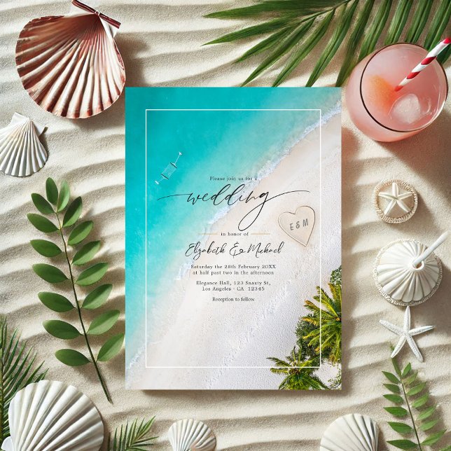 Tropical Beach Monogram Wedding Foto und QR Code Einladung (Tropical Beach Monogram Wedding Photo and QR Code Invitation)