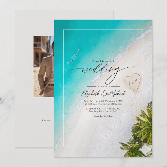 Tropical Beach Monogram Wedding Foto und QR Code Einladung (Vorne/Hinten)