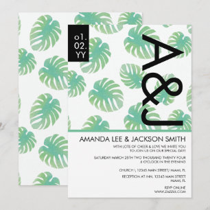 Tropical Beach Monstera Green Black Wedding Invita Einladung