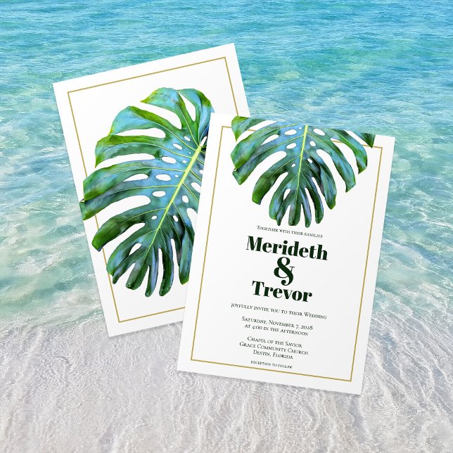 Tropical Beach Monstera Leaf Gold Moderner feiner  Einladung (Von Creator hochgeladen)
