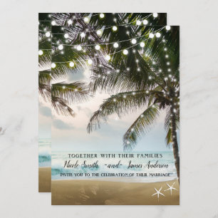 Tropical Beach Ocean Palm Trees & Lights Wedding Einladung