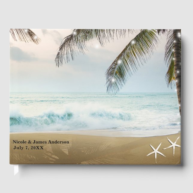 Tropical Beach Ocean Palm Trees & Lights Wedding Gästebuch (Vorderseite)
