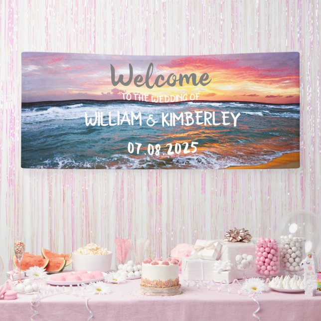 Tropical Beach Ocean Waves Sunset Elegante Hochzei Banner (Party)
