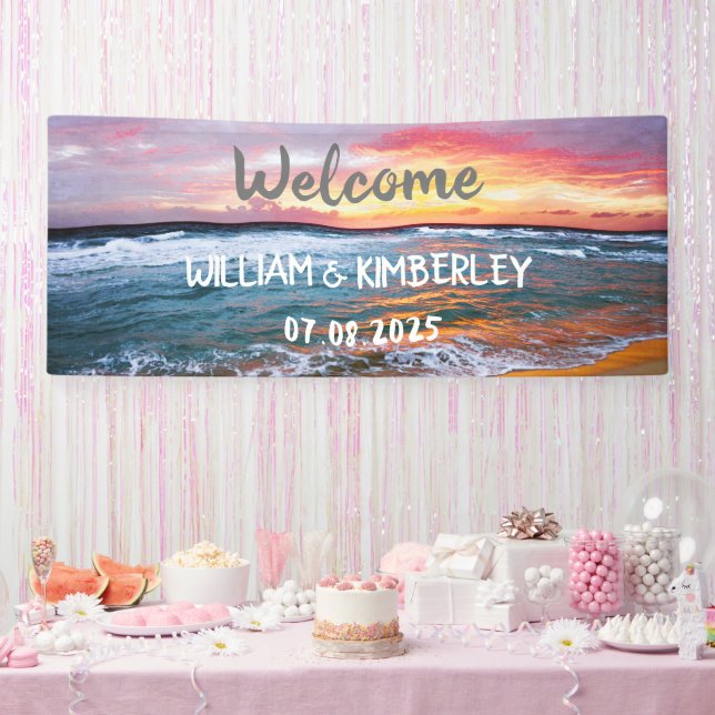 Tropical Beach Ocean Waves Sunset Elegante Hochzei Banner (Party)