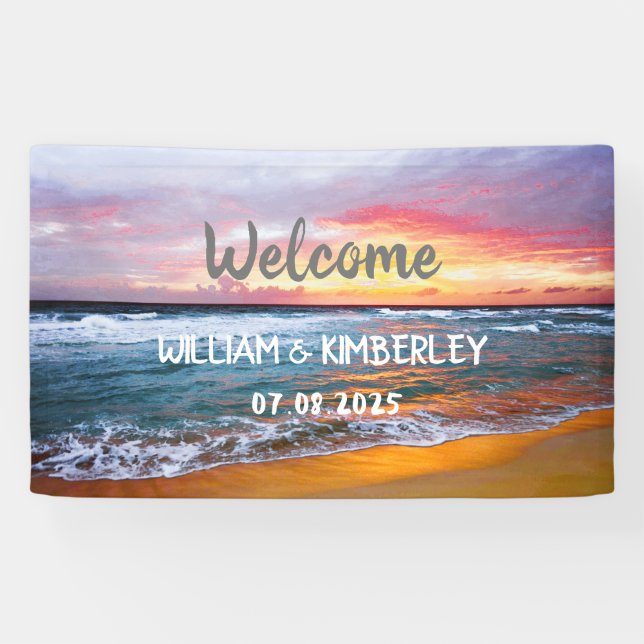 Tropical Beach Ocean Waves Sunset Elegante Hochzei Banner (Horizontal)