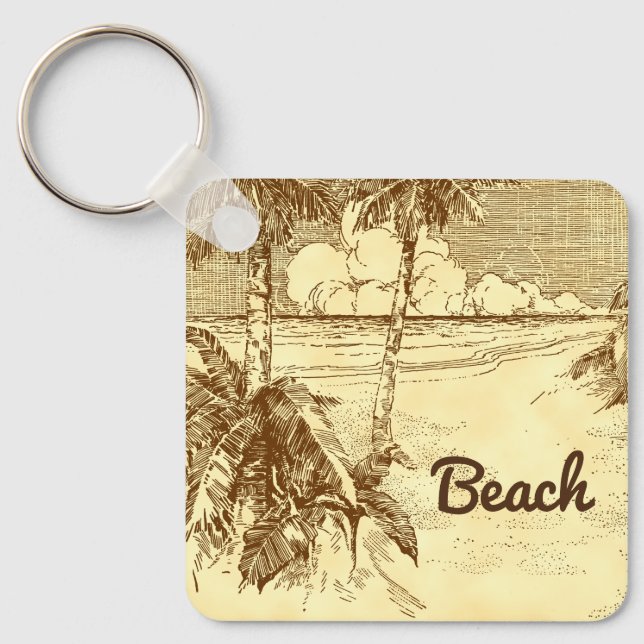 Tropical Beach Palm Bäume Vintage Kunst Schlüsselanhänger (Vorderseite)