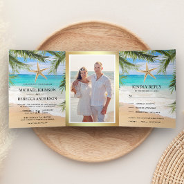 Tropical Beach Palm Blätter Starfish Foto Hochzeit Dreifach Gefaltete Einladung