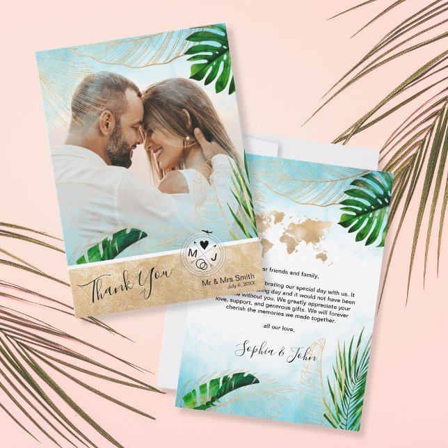 Tropical Beach Palm Foto Destination Wedding Dankeskarte (Von Creator hochgeladen)