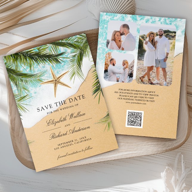 Tropical Beach Palm Leaves Starfish Photo Wedding Save The Date (Von Creator hochgeladen)