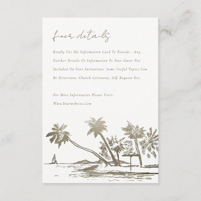 Tropical Beach Palm Sketch Gold Hochzeit Detail Begleitkarte (Vorderseite)
