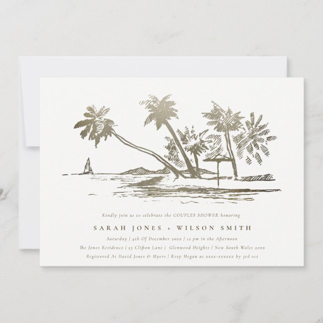 Tropical Beach Palm Sketch Gold Paare Dusche Einladung (Vorderseite)