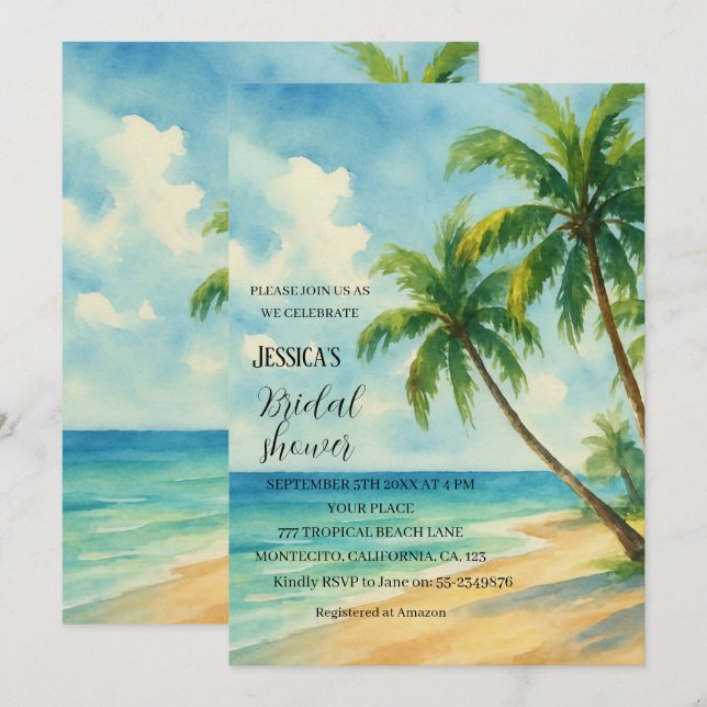 Tropical Beach Palm Tree Destination Brautparty Einladung (Vorne/Hinten)