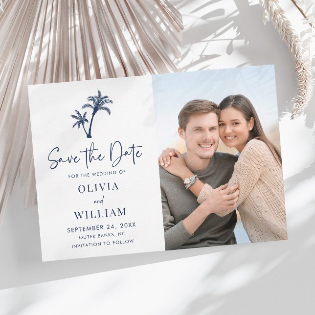 Tropical Beach Palm Tree Navy Blue Wedding Foto Save The Date (Von Creator hochgeladen)