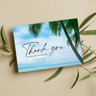 Tropical Beach Palm Tree Ocean Hochzeit in Urlaubs Dankeskarte