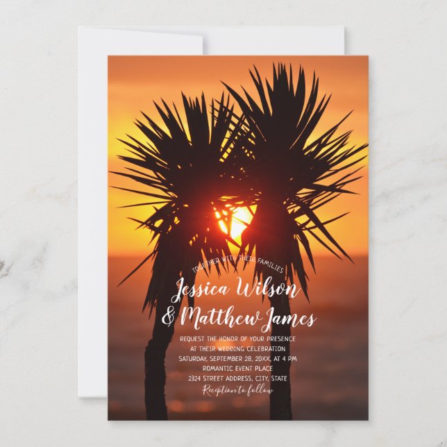 Tropical Beach Palm Tree Ocean Sunset Hochzeit Einladung (Vorderseite)