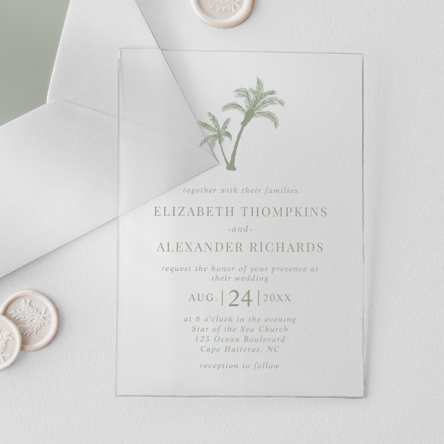 Tropical Beach Palm Tree Sage Green Wedding Acryleinladungen (Von Creator hochgeladen)
