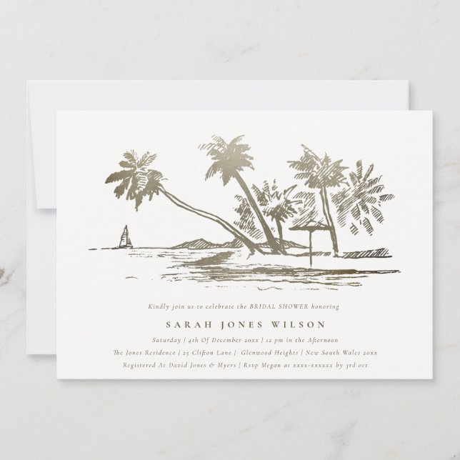 Tropical Beach Palm Tree Sketch Gold Brautparty Einladung (Vorderseite)