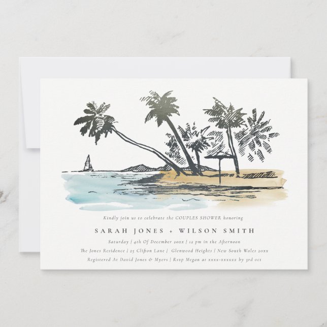 Tropical Beach Palm Tree Sketch Paare Dusche Einladung (Vorderseite)