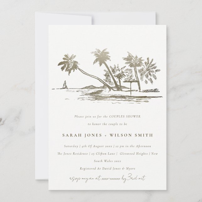 Tropical Beach Palm Tree Sketch Paare Dusche Einladung (Vorderseite)