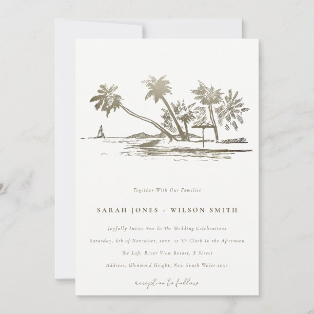 Tropical Beach Palm Tree Sketch Pale Gold Hochzeit Einladung (Vorderseite)