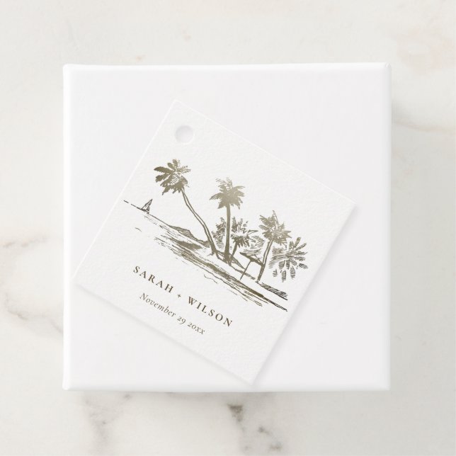 Tropical Beach Palm Tree Sketch Pale Gold Hochzeit Geschenkanhänger (Beispiel)