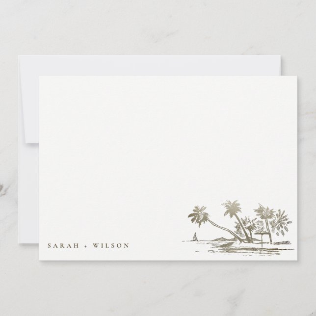 Tropical Beach Palm Tree Sketch Pale Gold Hochzeit Mitteilungskarte (Vorderseite)