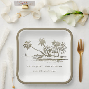 Tropical Beach Palm Tree Sketch Pale Gold Hochzeit Pappteller