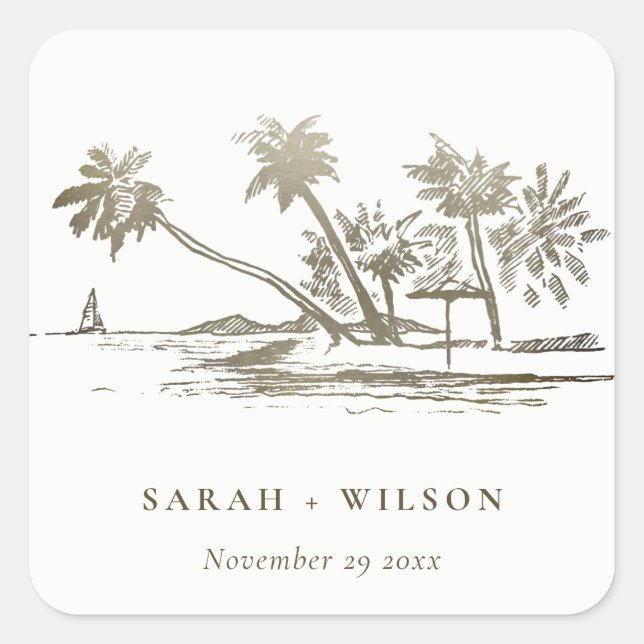 Tropical Beach Palm Tree Sketch Pale Gold Hochzeit Quadratischer Aufkleber (Vorderseite)