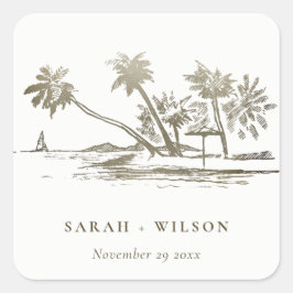 Tropical Beach Palm Tree Sketch Pale Gold Hochzeit Quadratischer Aufkleber