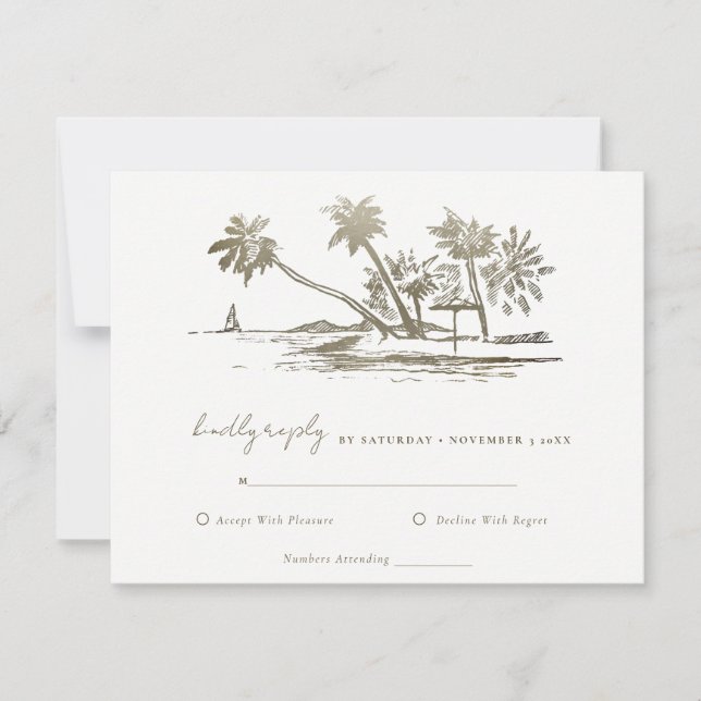 Tropical Beach Palm Tree Sketch Pale Gold Hochzeit RSVP Karte (Vorderseite)