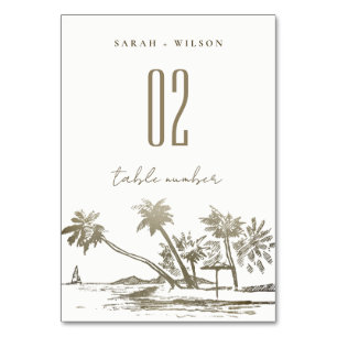 Tropical Beach Palm Tree Sketch Pale Gold Hochzeit Tischnummer