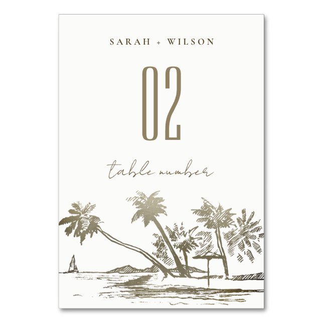 Tropical Beach Palm Tree Sketch Pale Gold Hochzeit Tischnummer (Vorderseite)