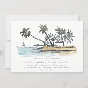 Tropical Beach Palm Tree Sketch Wasserfarbenhochze Einladung