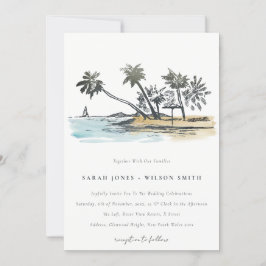 Tropical Beach Palm Tree Sketch Wasserfarbenhochze Einladung
