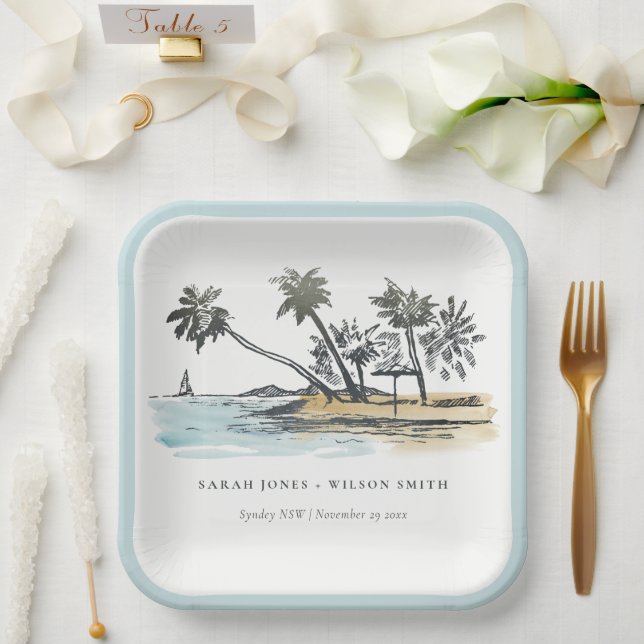 Tropical Beach Palm Tree Sketch Wasserfarbenhochze Pappteller (Hochzeit)
