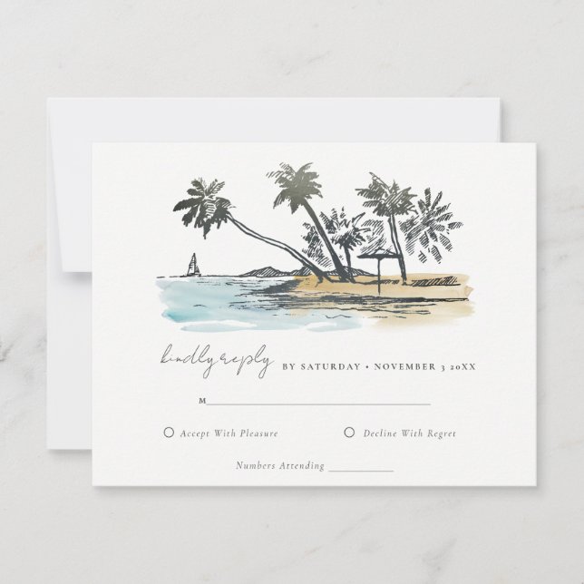 Tropical Beach Palm Tree Sketch Wasserfarbenhochze RSVP Karte (Vorderseite)