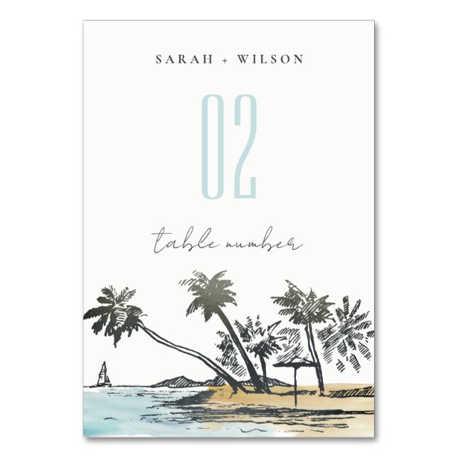 Tropical Beach Palm Tree Sketch Wedding Wasserfarb Tischnummer (Vorderseite)