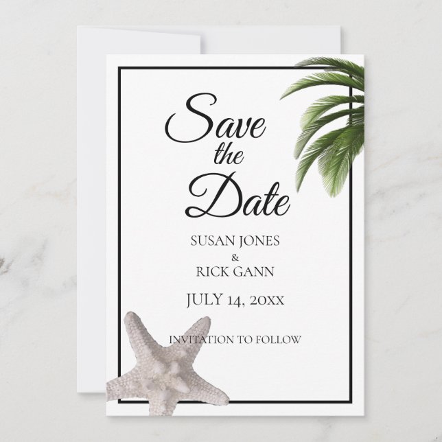 Tropical Beach Palm Tree Starfish Modern Save The Date (Vorderseite)
