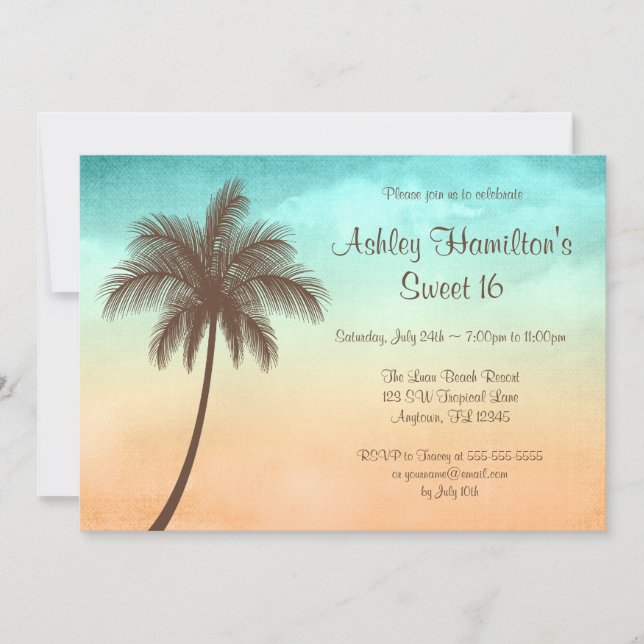 Tropical Beach Palm Tree Sweet 16 Einladung (Vorderseite)