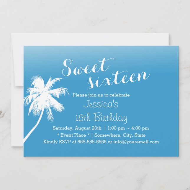 Tropical Beach Palm Tree Sweet 16 Einladung (Vorderseite)