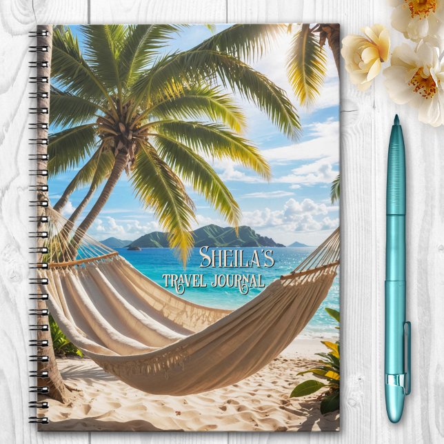 Tropical Beach Palm Tree Travel Journal Notizblock (Notebook featuring a tropical beach with palm trees and hammock. Great for travel notes.)