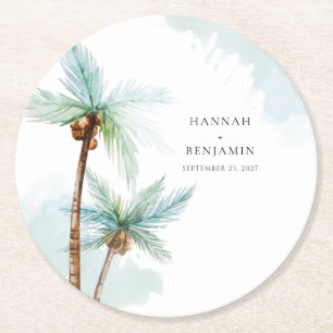Tropical Beach Palm Tree Wasserfarbenhochzeit Runder Pappuntersetzer