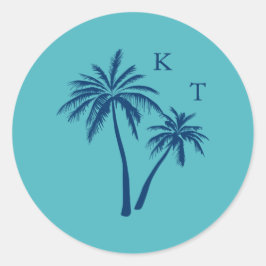 Tropical Beach Palm Tree Wedding Monogram Runder Aufkleber