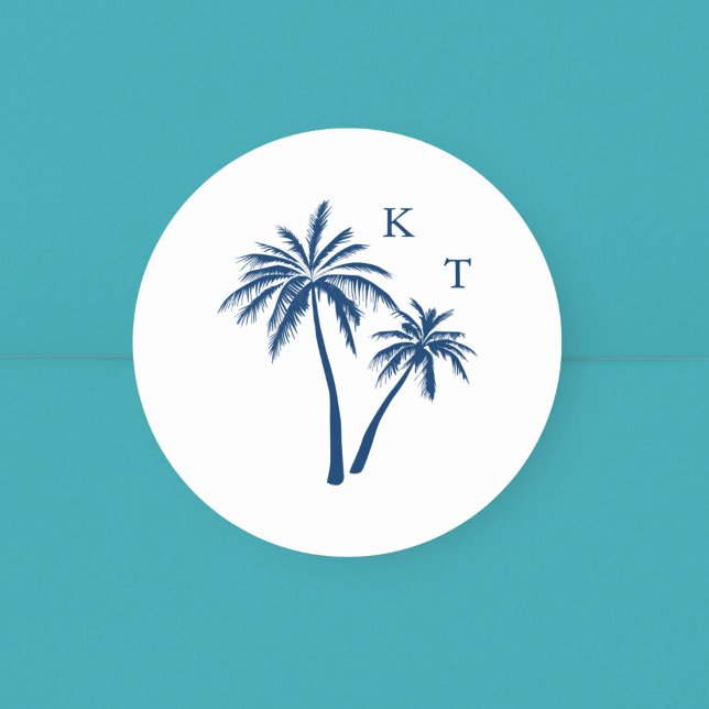 Tropical Beach Palm Tree Wedding Monogram Runder Aufkleber (Von Creator hochgeladen)