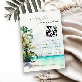 Tropical Beach Palm Tree Wedding RSVP QR Code Begleitkarte