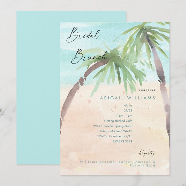 Tropical Beach Palm Trees Bridal Brunch Einladung (Vorne/Hinten)