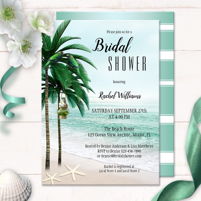 Tropical Beach Palm Trees Bridal Dusche Einladung (Bridal shower invitation featuring a tropical beach with palm trees, parrots, a lantern and starfish)