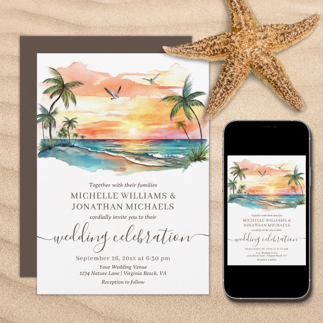 Tropical Beach Palm Trees Hochzeit in Urlaubsort Einladung (Tropical Beach Palm Trees Destination Wedding Invitation - Printed and Digital)