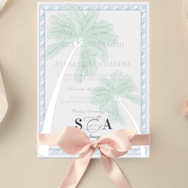 Tropical Beach Palm Trees Minimalistisch (Tropical Beach Palm Trees Minimalist Preppy Grand Millennial Vellum Overlay for Wedding Invitations)